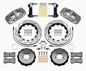 Wilwood AERO6 Big Brake Front Brake Kit Parts Laid Out - Nickel Plate Caliper - SRP Drilled & Slotted Rotor