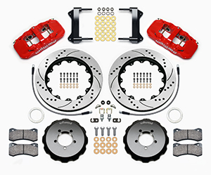 Wilwood AERO6 Big Brake Front Brake Kit Parts Laid Out - Red Powder Coat Caliper - SRP Drilled & Slotted Rotor