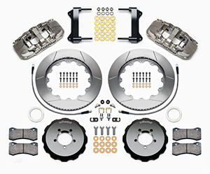 Wilwood AERO6 Big Brake Front Brake Kit Parts Laid Out - Nickel Plate Caliper - GT Slotted Rotor
