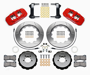 Wilwood AERO6 Big Brake Front Brake Kit Parts Laid Out - Red Powder Coat Caliper - GT Slotted Rotor