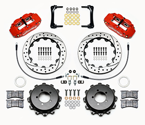 Wilwood Forged Narrow Superlite 4R Big Brake Rear Brake Kit For OE Parking Brake Parts Laid Out - Red Powder Coat Caliper - SRP Drilled & Slotted Rotor