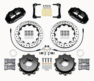 Wilwood Forged Narrow Superlite 4R Big Brake Rear Brake Kit For OE Parking Brake Parts Laid Out - Black Powder Coat Caliper - SRP Drilled & Slotted Rotor