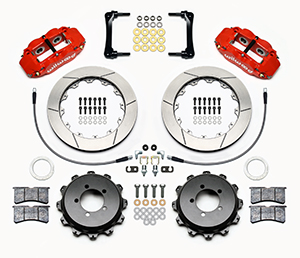 Wilwood Forged Narrow Superlite 4R Big Brake Rear Brake Kit For OE Parking Brake Parts Laid Out - Red Powder Coat Caliper - GT Slotted Rotor