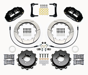 Wilwood Forged Narrow Superlite 4R Big Brake Rear Brake Kit For OE Parking Brake Parts Laid Out - Black Powder Coat Caliper - GT Slotted Rotor