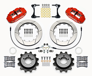 Wilwood Forged Narrow Superlite 4R Big Brake Rear Brake Kit For OE Parking Brake Parts Laid Out - Red Powder Coat Caliper - GT Slotted Rotor