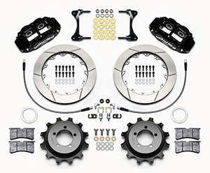 Wilwood Forged Narrow Superlite 4R Big Brake Rear Brake Kit For OE Parking Brake Parts Laid Out - Black Powder Coat Caliper - GT Slotted Rotor