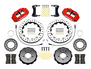 Wilwood Forged Narrow Superlite 6R Big Brake Front Brake Kit (Hat) Parts Laid Out - Red Powder Coat Caliper - SRP Drilled & Slotted Rotor