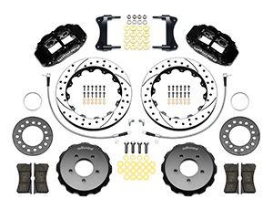 Wilwood Forged Narrow Superlite 6R Big Brake Front Brake Kit (Hat) Parts Laid Out - Black Powder Coat Caliper - SRP Drilled & Slotted Rotor