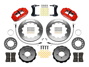 Wilwood Forged Narrow Superlite 6R Big Brake Front Brake Kit (Hat) Parts Laid Out - Red Powder Coat Caliper - GT Slotted Rotor