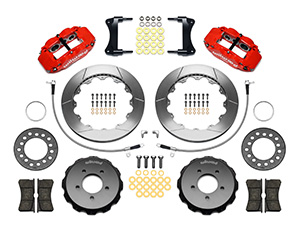 Wilwood Forged Narrow Superlite 6R Big Brake Front Brake Kit (Hat) Parts Laid Out - Red Powder Coat Caliper - GT Slotted Rotor