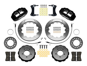 Wilwood Forged Narrow Superlite 6R Big Brake Front Brake Kit (Hat) Parts Laid Out - Black Powder Coat Caliper - GT Slotted Rotor