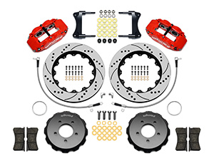 Wilwood Forged Narrow Superlite 6R Big Brake Front Brake Kit (Hat) Parts Laid Out - Red Powder Coat Caliper - SRP Drilled & Slotted Rotor