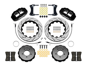 Wilwood Forged Narrow Superlite 6R Big Brake Front Brake Kit (Hat) Parts Laid Out - Black Powder Coat Caliper - SRP Drilled & Slotted Rotor