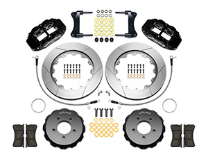 Wilwood Forged Narrow Superlite 6R Big Brake Front Brake Kit (Hat) Parts Laid Out - Black Powder Coat Caliper - GT Slotted Rotor