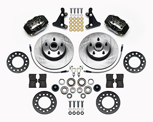 Wilwood Classic Series Dynalite Front Brake Kit Parts Laid Out - Black Powder Coat Caliper - Plain Face Rotor