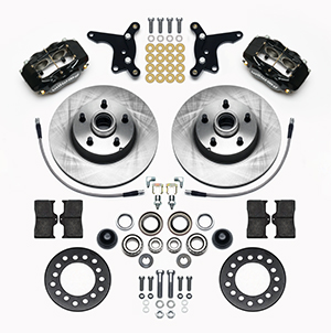 Wilwood Classic Series Dynalite Front Brake Kit Parts Laid Out - Black Powder Coat Caliper - Plain Face Rotor