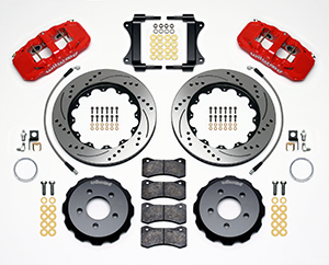 Wilwood AERO6 Big Brake Front Brake Kit Parts Laid Out - Red Powder Coat Caliper - SRP Drilled & Slotted Rotor