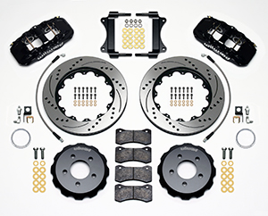 Wilwood AERO6 Big Brake Front Brake Kit Parts Laid Out - Black Powder Coat Caliper - SRP Drilled & Slotted Rotor