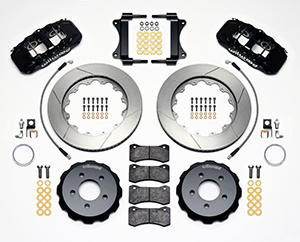 Wilwood AERO6 Big Brake Front Brake Kit Parts Laid Out - Black Powder Coat Caliper - GT Slotted Rotor