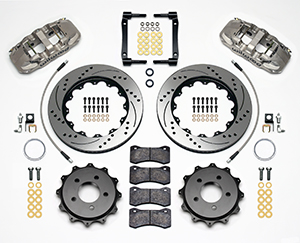 Wilwood AERO4 Big Brake Rear Brake Kit For OE Parking Brake Parts Laid Out - Nickel Plate Caliper - SRP Drilled & Slotted Rotor