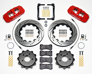 Wilwood AERO4 Big Brake Rear Brake Kit For OE Parking Brake Parts Laid Out - Red Powder Coat Caliper - SRP Drilled & Slotted Rotor