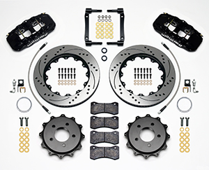 Wilwood AERO4 Big Brake Rear Brake Kit For OE Parking Brake Parts Laid Out - Black Powder Coat Caliper - SRP Drilled & Slotted Rotor