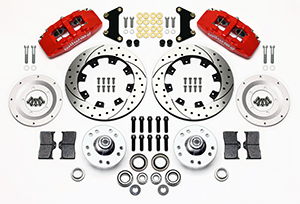 Wilwood Forged Dynapro 6 Big Brake Front Brake Kit (Hub) Parts Laid Out - Red Powder Coat Caliper - SRP Drilled & Slotted Rotor