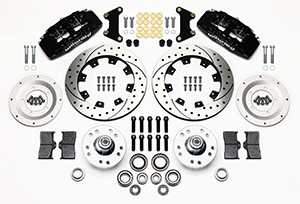 Wilwood Forged Dynapro 6 Big Brake Front Brake Kit (Hub) Parts Laid Out - Black Powder Coat Caliper - SRP Drilled & Slotted Rotor