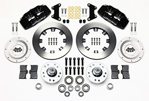 Wilwood Forged Dynapro 6 Big Brake Front Brake Kit (Hub) Parts Laid Out - Black Powder Coat Caliper - Plain Face Rotor