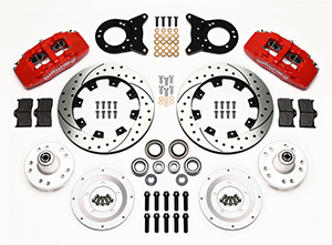 Wilwood Forged Dynapro 6 Big Brake Front Brake Kit (Hub) Parts Laid Out - Red Powder Coat Caliper - SRP Drilled & Slotted Rotor