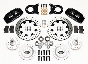 Wilwood Forged Dynapro 6 Big Brake Front Brake Kit (Hub) Parts Laid Out - Black Powder Coat Caliper - SRP Drilled & Slotted Rotor