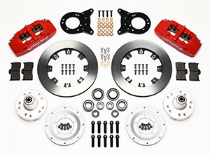 Wilwood Forged Dynapro 6 Big Brake Front Brake Kit (Hub) Parts Laid Out - Red Powder Coat Caliper - Plain Face Rotor