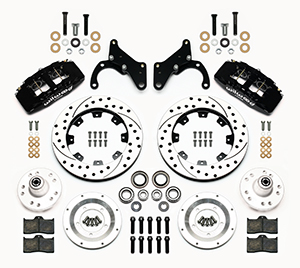 Wilwood Forged Dynapro 6 Big Brake Front Brake Kit (Hub) Parts Laid Out - Black Powder Coat Caliper - SRP Drilled & Slotted Rotor