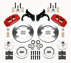 Wilwood Forged Dynapro 6 Big Brake Front Brake Kit (Hub) Parts Laid Out - Red Powder Coat Caliper - Plain Face Rotor