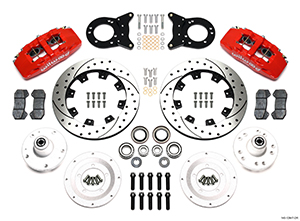 Wilwood Forged Dynapro 6 Big Brake Front Brake Kit (Hub) Parts Laid Out - Red Powder Coat Caliper - SRP Drilled & Slotted Rotor