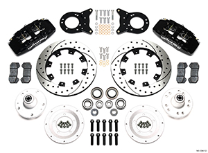 Wilwood Forged Dynapro 6 Big Brake Front Brake Kit (Hub) Parts Laid Out - Black Powder Coat Caliper - SRP Drilled & Slotted Rotor