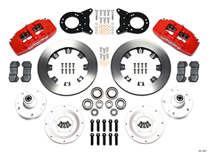 Wilwood Forged Dynapro 6 Big Brake Front Brake Kit (Hub) Parts Laid Out - Red Powder Coat Caliper - Plain Face Rotor