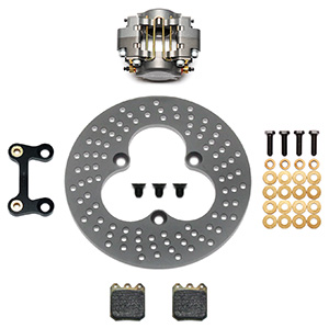 Wilwood Dynapro Single Left Front Sprint Brake Kit Parts Laid Out - Type III Anodize Caliper - Drilled Rotor