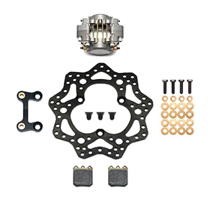 Wilwood Dynapro Single Left Front Sprint Brake Kit Parts Laid Out - Type III Anodize Caliper - Drilled Rotor