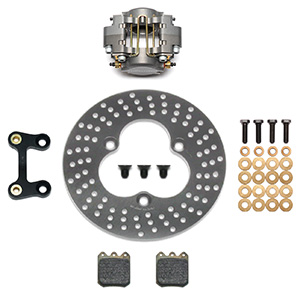 Wilwood Dynapro Single Left Front Midget Brake Kit Parts Laid Out - Type III Anodize Caliper - Drilled Rotor