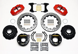 Wilwood Forged Narrow Superlite 4R Big Brake Rear Parking Brake Kit Parts Laid Out - Red Powder Coat Caliper - SRP Drilled & Slotted Rotor