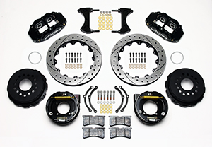 Wilwood Forged Narrow Superlite 4R Big Brake Rear Parking Brake Kit Parts Laid Out - Black Powder Coat Caliper - SRP Drilled & Slotted Rotor