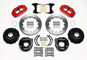 Wilwood Forged Narrow Superlite 4R Big Brake Rear Parking Brake Kit Parts Laid Out - Red Powder Coat Caliper - GT Slotted Rotor