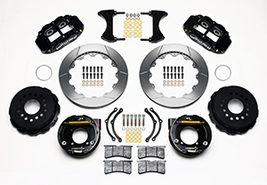 Wilwood Forged Narrow Superlite 4R Big Brake Rear Parking Brake Kit Parts Laid Out - Black Powder Coat Caliper - GT Slotted Rotor