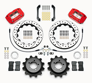 Wilwood Dynapro Radial Rear Brake Kit For OE Parking Brake Parts Laid Out - Red Powder Coat Caliper - SRP Drilled & Slotted Rotor