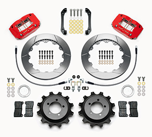 Wilwood Dynapro Radial Rear Brake Kit For OE Parking Brake Parts Laid Out - Red Powder Coat Caliper - GT Slotted Rotor