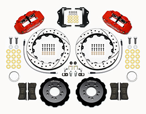 Wilwood Forged Narrow Superlite 6R Big Brake Front Brake Kit (Hat) Parts Laid Out - Red Powder Coat Caliper - SRP Drilled & Slotted Rotor