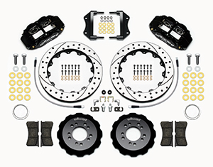 Wilwood Forged Narrow Superlite 6R Big Brake Front Brake Kit (Hat) Parts Laid Out - Black Powder Coat Caliper - SRP Drilled & Slotted Rotor