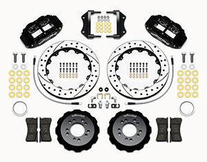 Wilwood Forged Narrow Superlite 6R Big Brake Front Brake Kit (Hat) Parts Laid Out - Black Powder Coat Caliper - SRP Drilled & Slotted Rotor