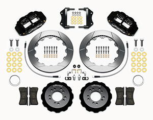 Wilwood Forged Narrow Superlite 6R Big Brake Front Brake Kit (Hat) Parts Laid Out - Black Powder Coat Caliper - GT Slotted Rotor